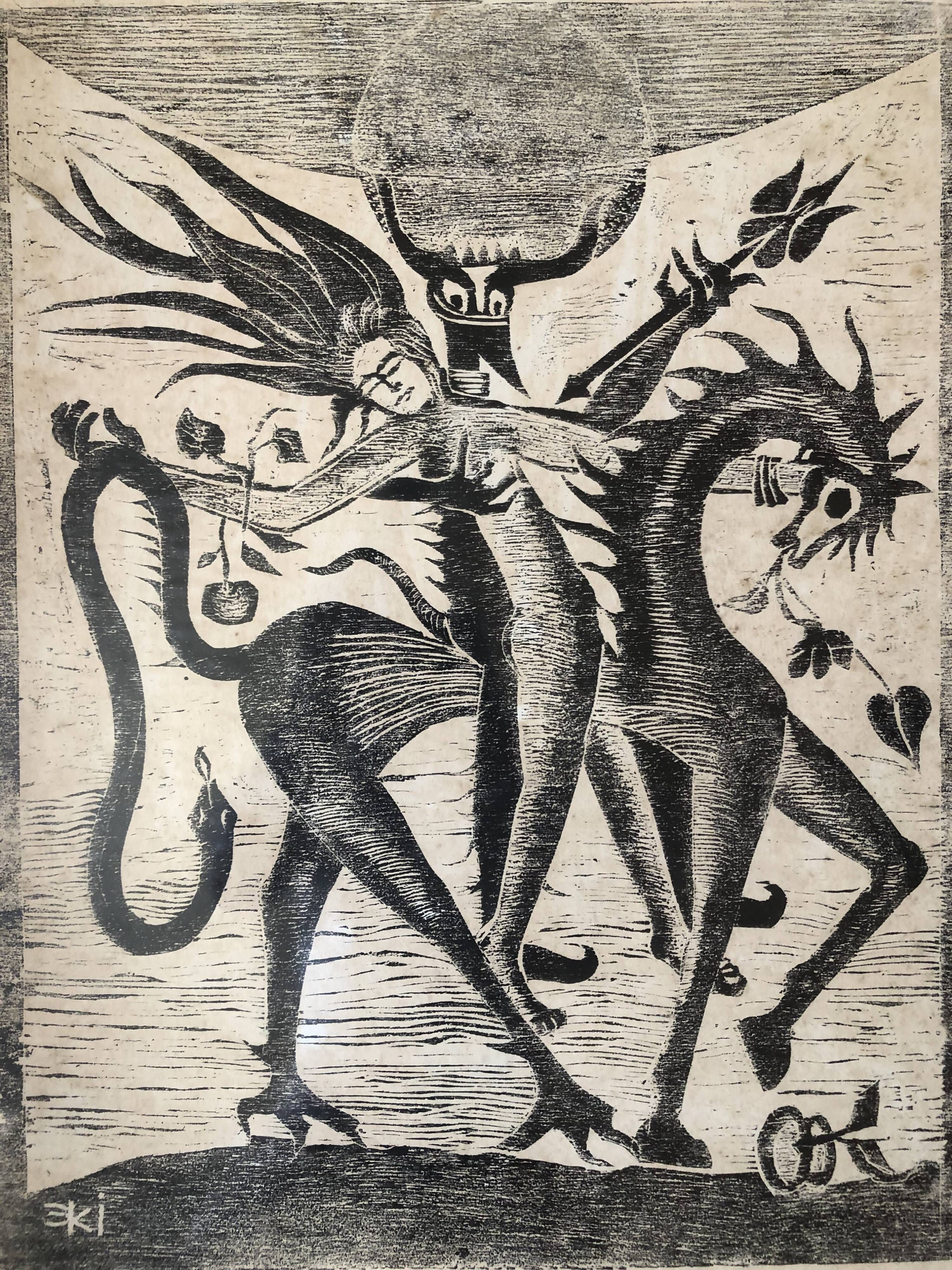 Black lithograph demon on horse carrying a young woman (eve) signed 3ki, surrealism glass frame