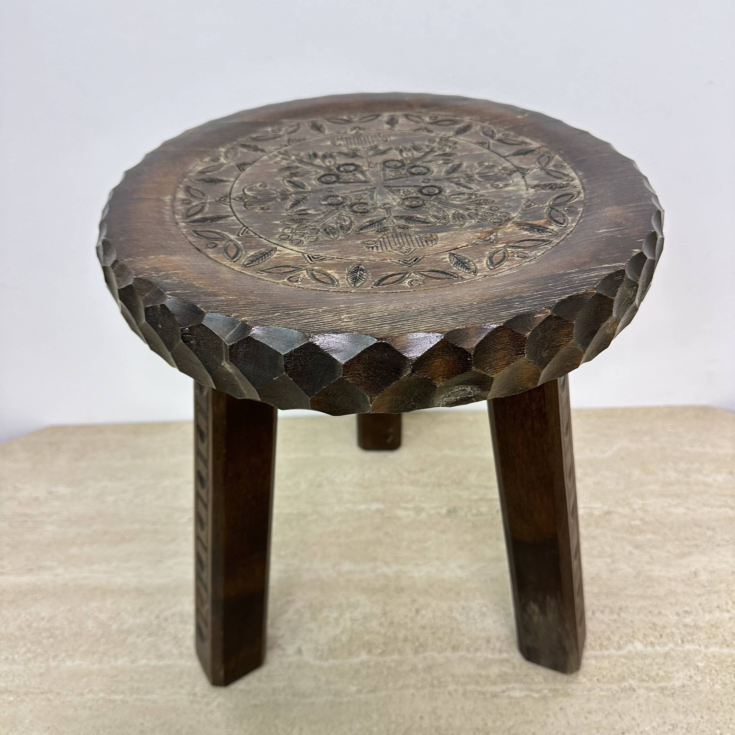 Hand carved solid oak brutalist stool , 1970s