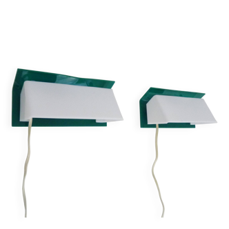 Pair of wall sconces with Scandinavian green and white shutters. 1980s.