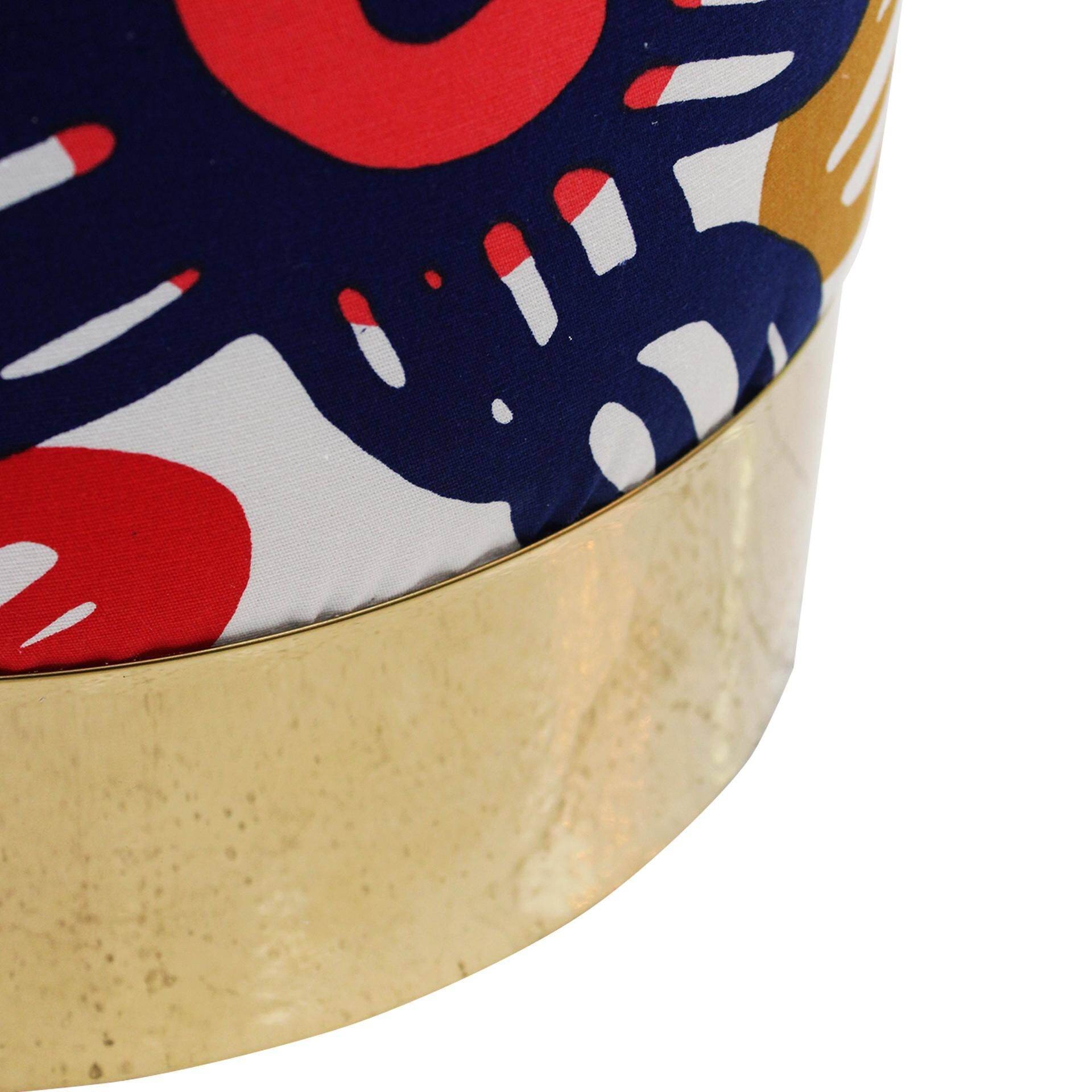 Contemporary Multicolour Floral-patterned Fabric and Brass Italian Circular Pouf