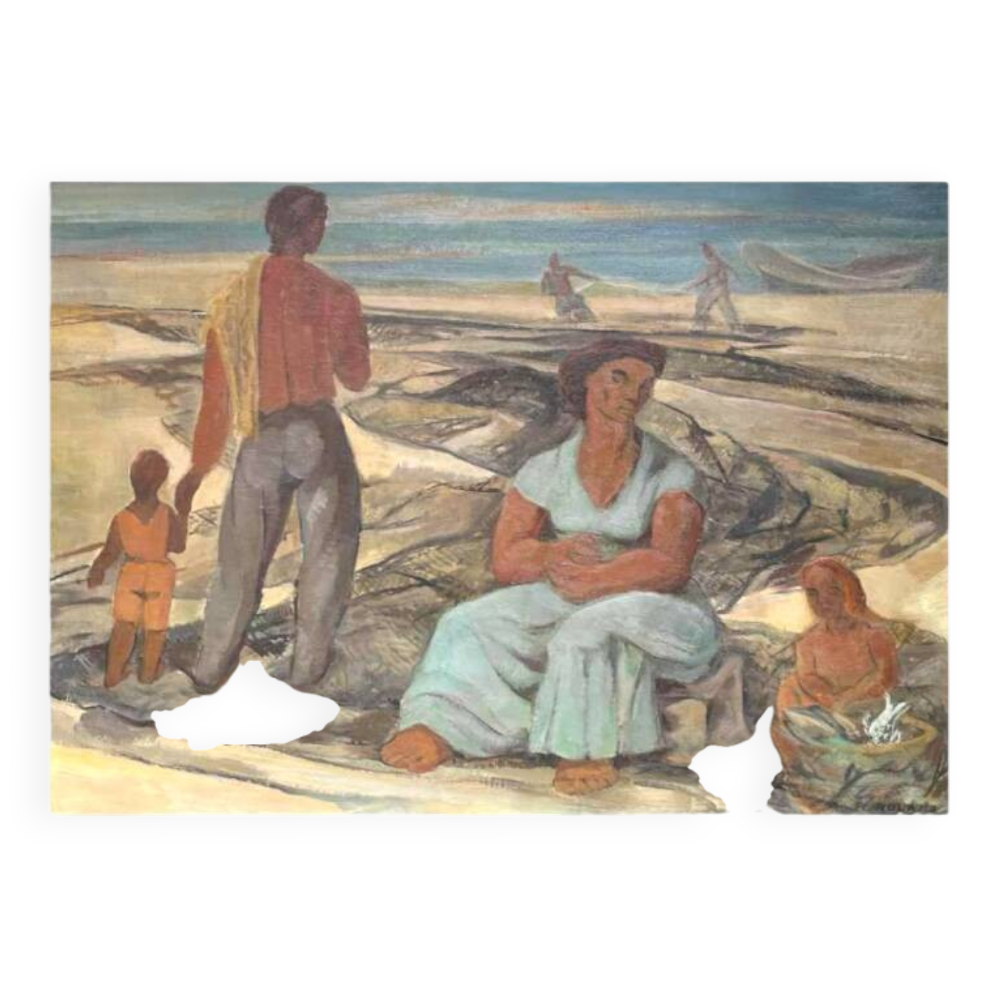 Painting "return from fishing", oil on panel, flory roland ca 1945