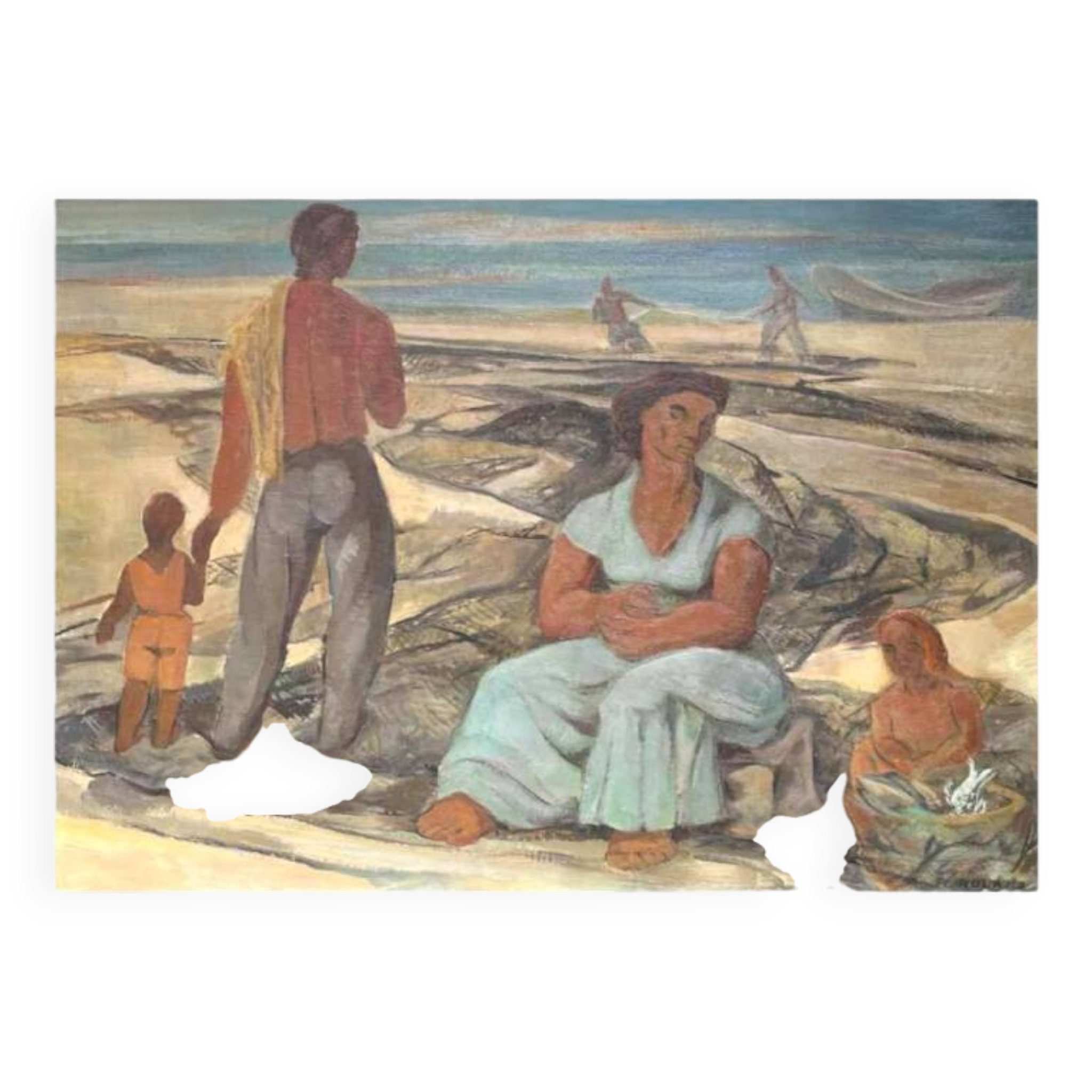 Painting "return from fishing", oil on panel, flory roland ca 1945