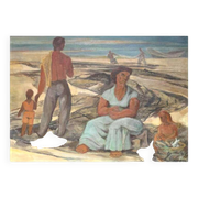 Painting "return from fishing", oil on panel, flory roland ca 1945
