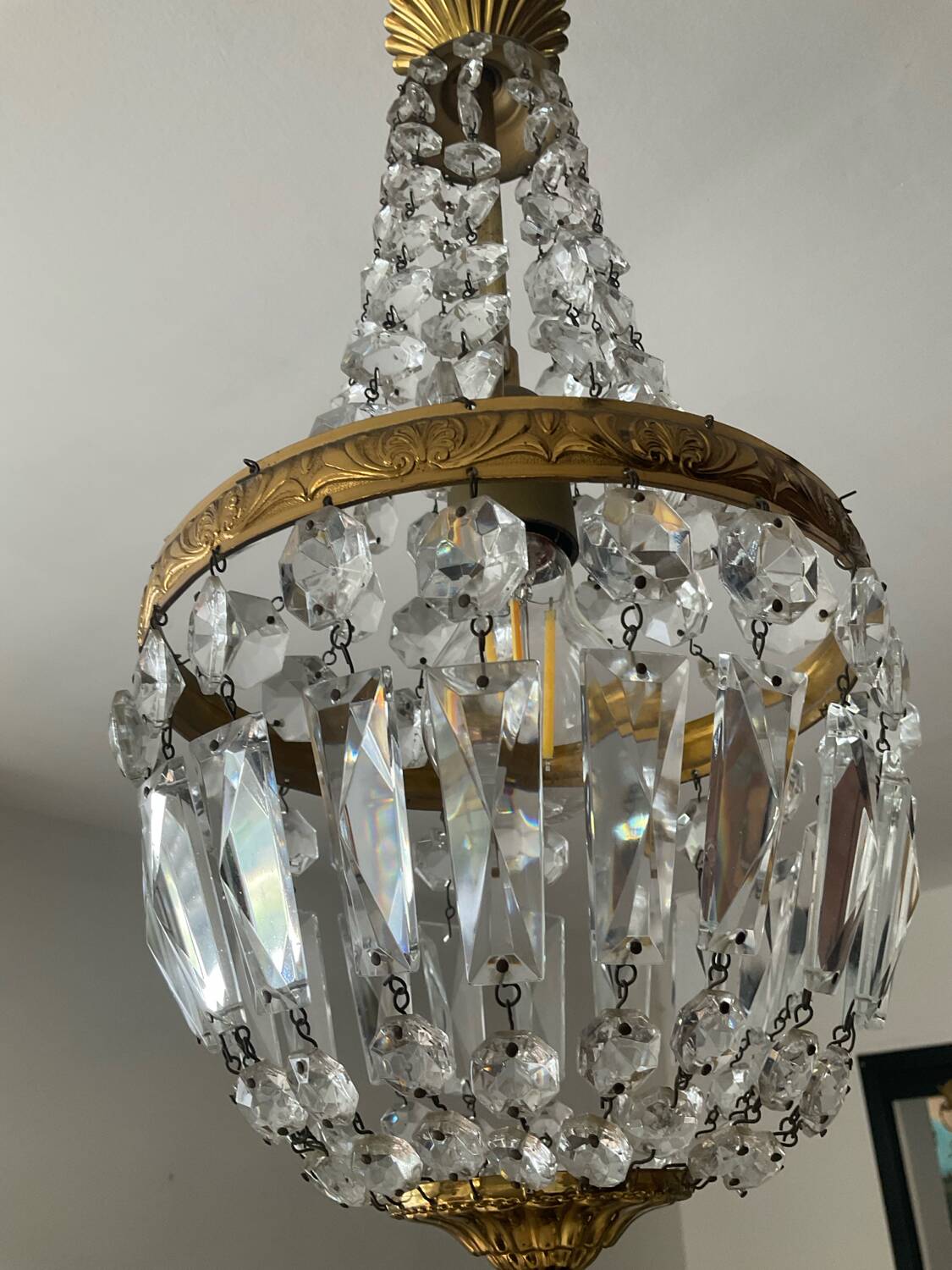 Hot air balloon chandelier with crystal and brass tassels