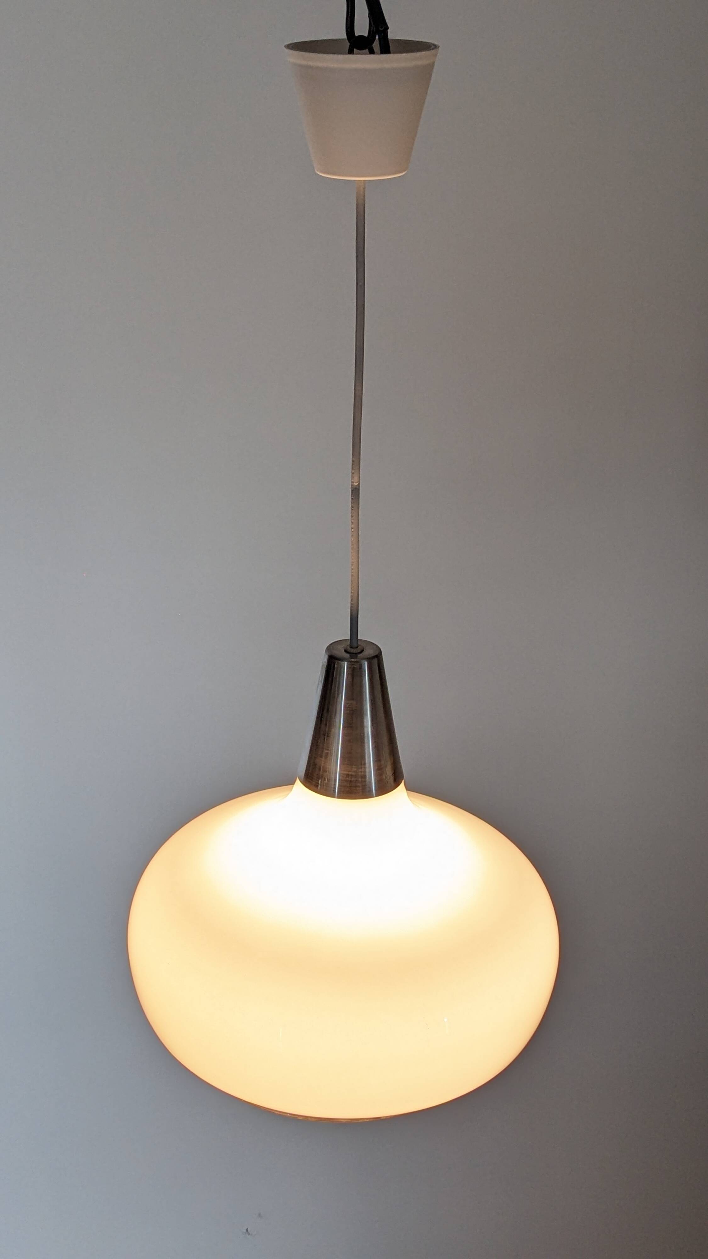 Water drop pendant light Space age in white opaline, France circa 1970.