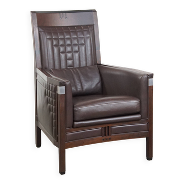 Fauteuil Art Déco en cuir marron foncé