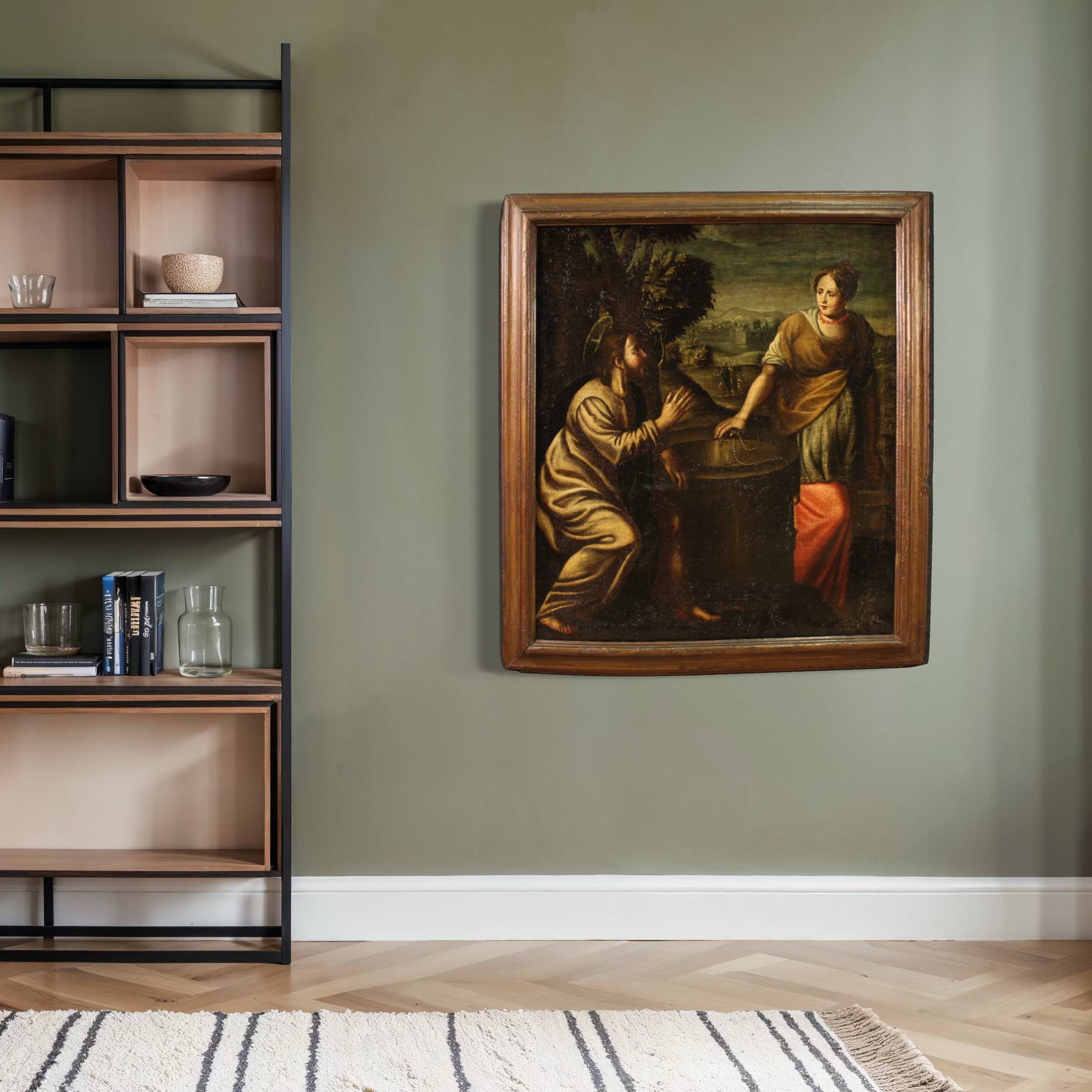 Peinture italienne antique Le Christ et la Samaritaine au puits