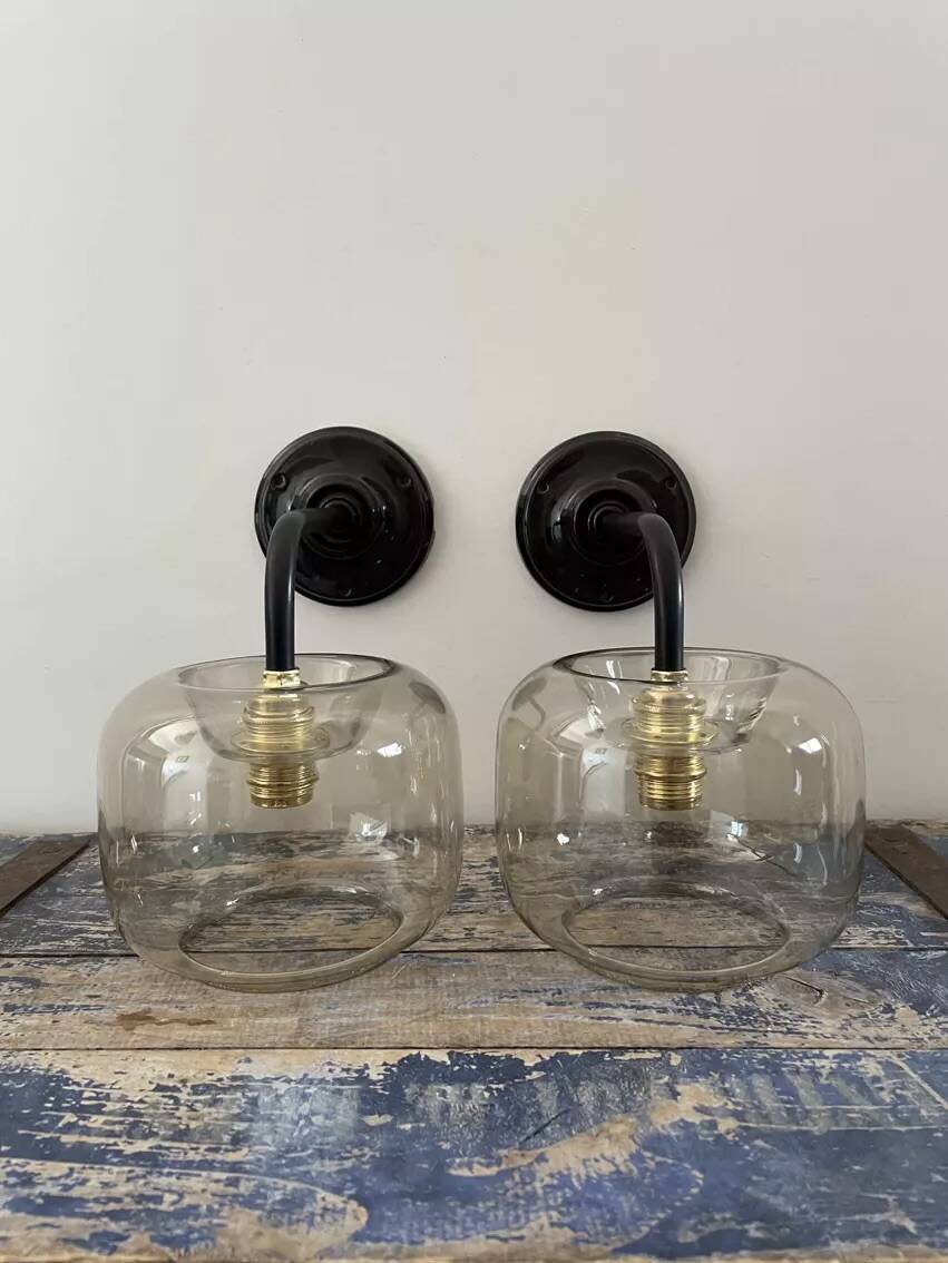Pair of vintage smoked glass wall lights