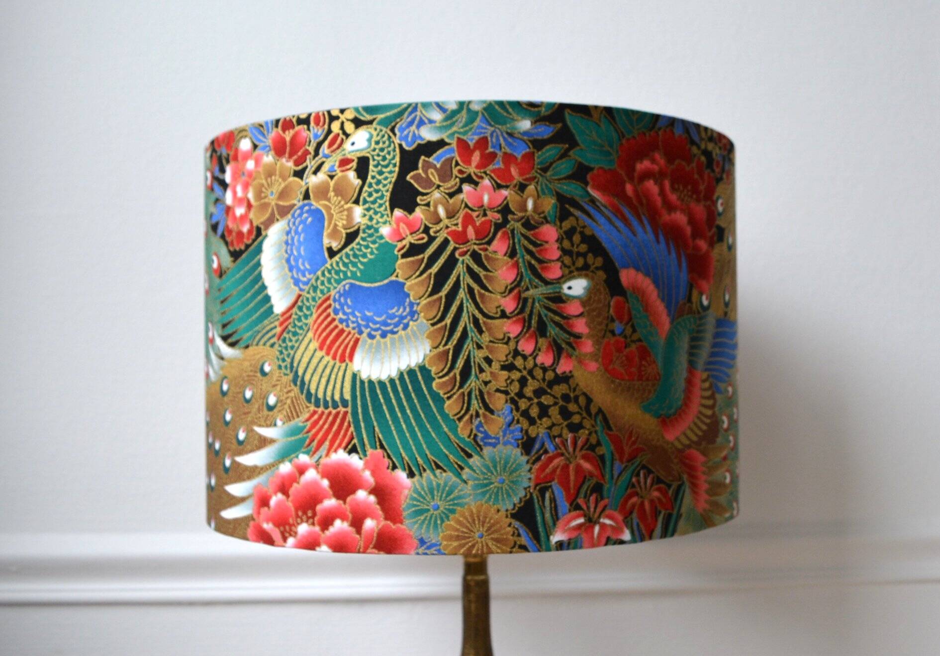Jouy fabric lampshade, peacock, flowers, gold.