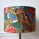Jouy fabric lampshade, peacock, flowers, gold.