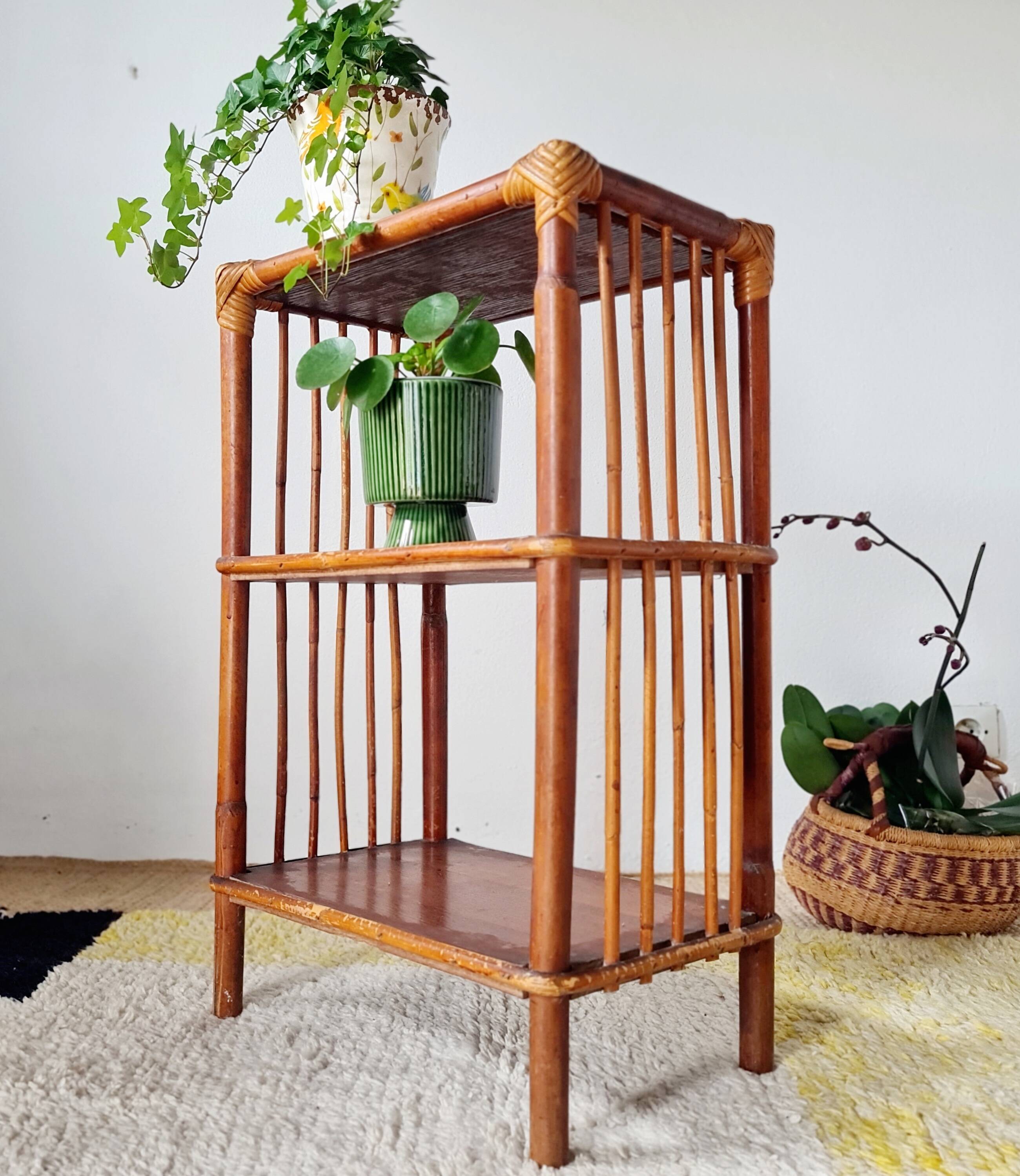 Etagère ancienne - bibliothèque rotin bois patinée