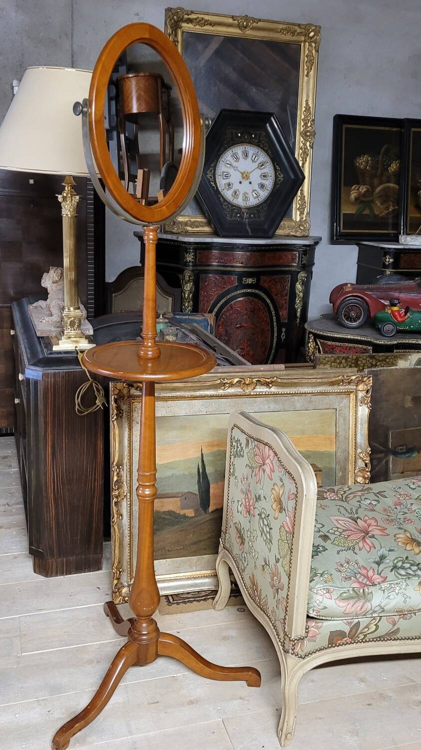 Tripod base psyché barber mirror in cherry wood with a system