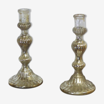 Pair of candle holders in eglomerized glass