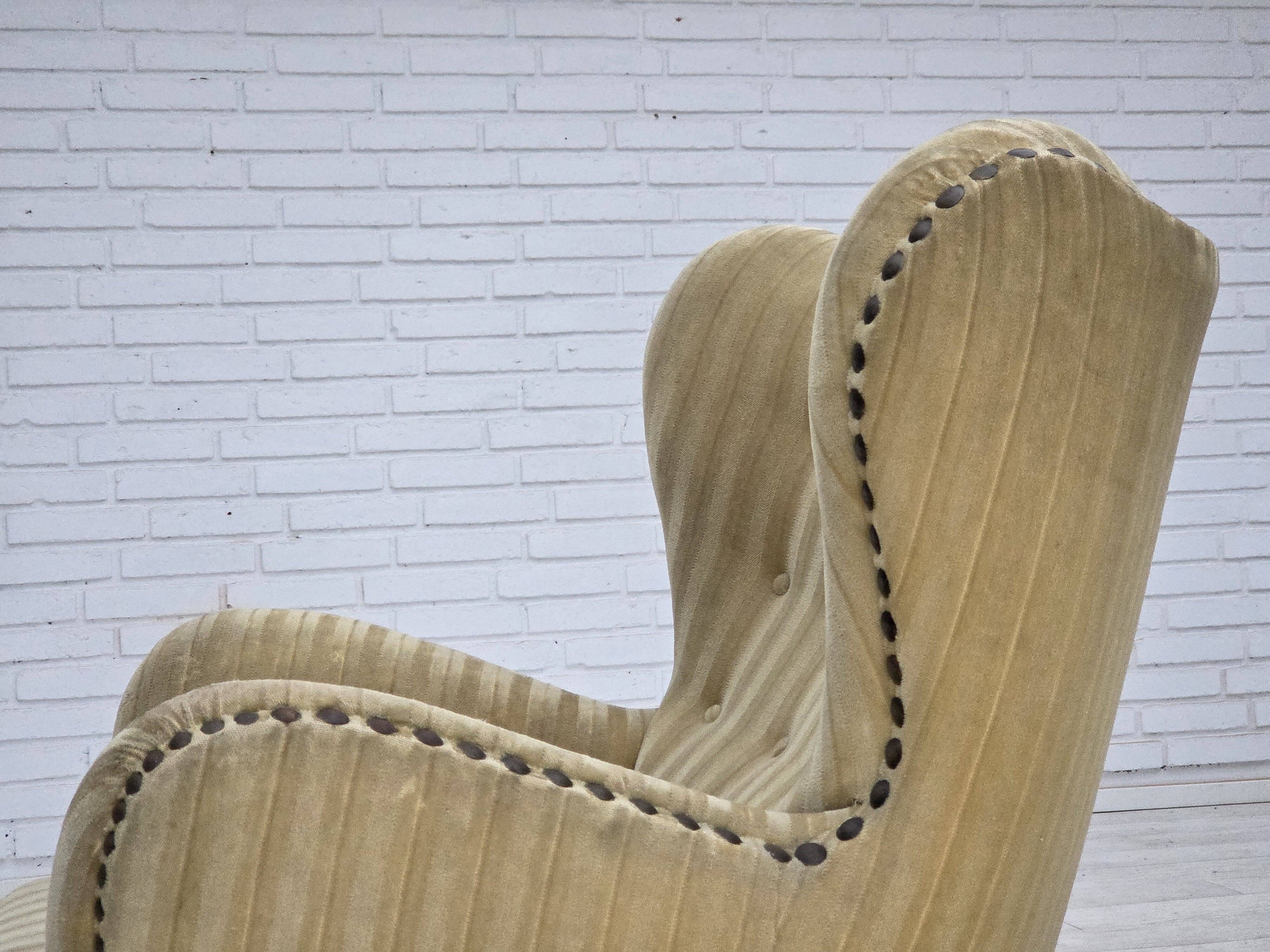 1960s, Danish armchair, light green furniture velour, beech wood.