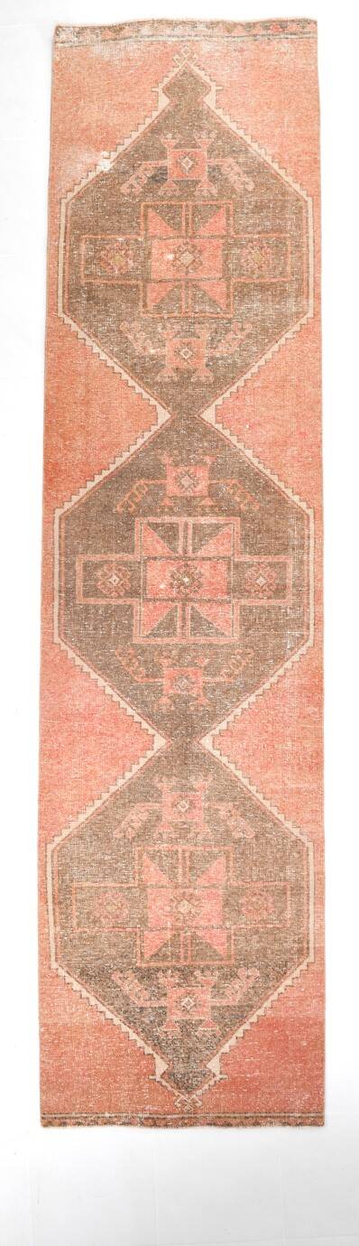 Turkish Salmon Brown Vintage Runner Rug, 91x362Cm