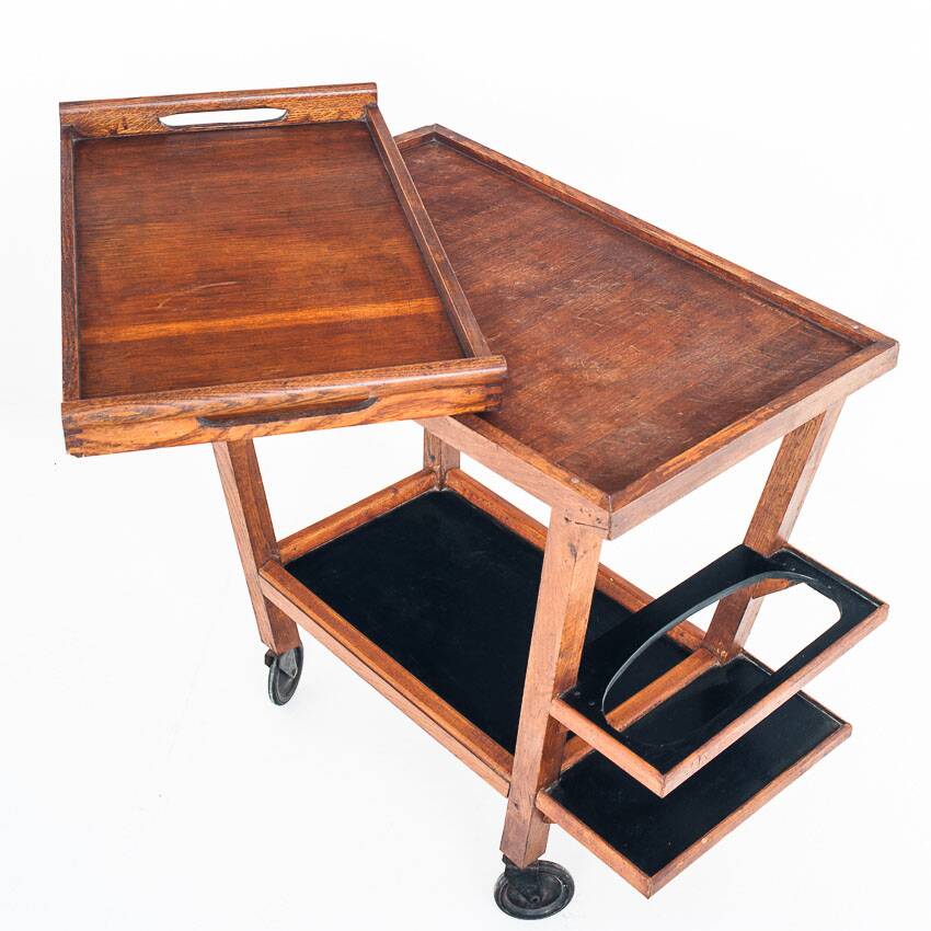 Vintage oak bar cart with removable tray. France 1950s.