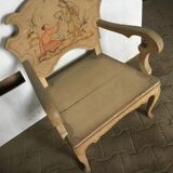 Chair or throne in Chinese lacquer wood from Vietnam, vintage, signed painting