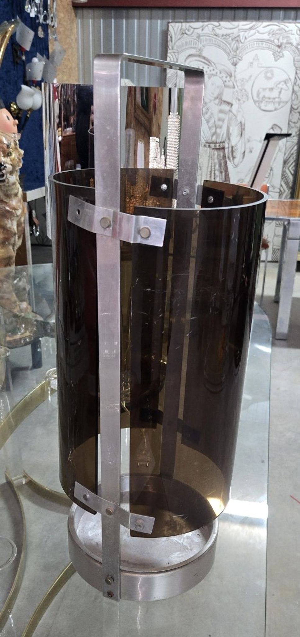 Fontana Arte design Max Ingrand: Metal and plexiglass umbrella stand.