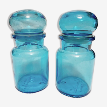 Two sky blue Apothecary jars