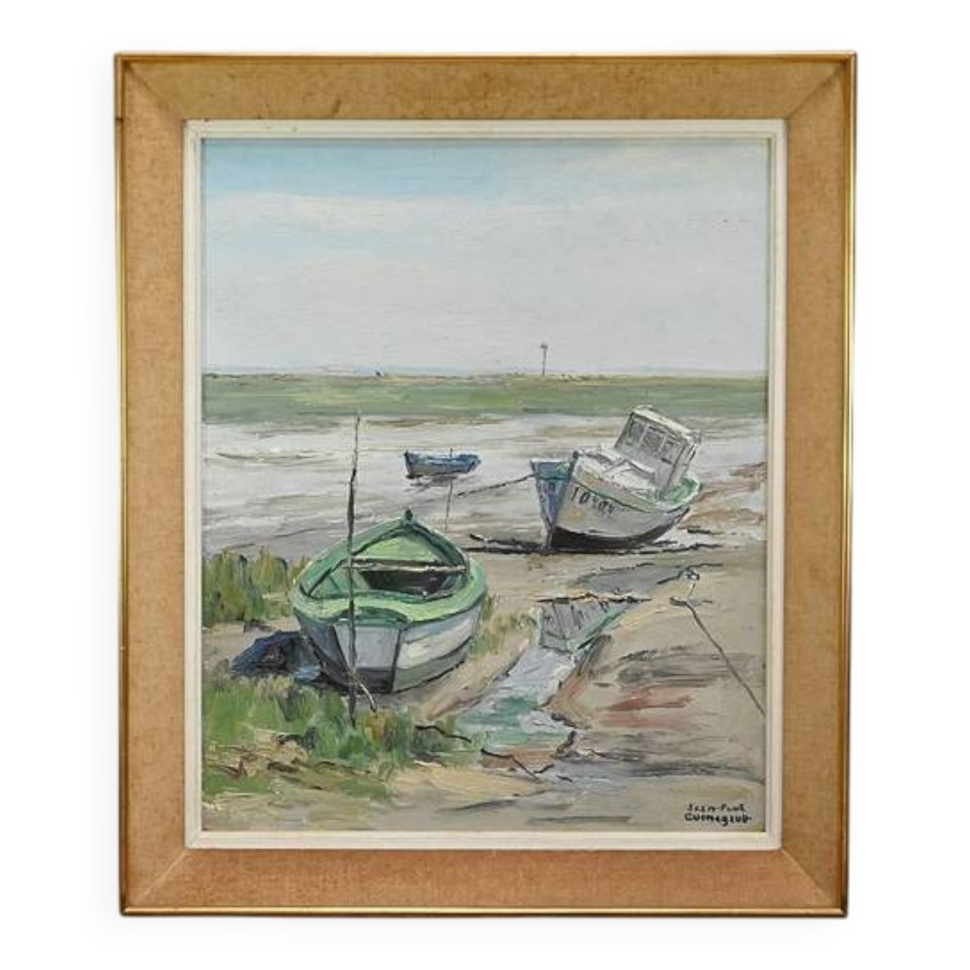 Painting “Boats at Low Tide”, signed J-P. Guinegault – 2nd part 20th century