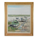 Painting “Boats at Low Tide”, signed J-P. Guinegault – 2nd part 20th century