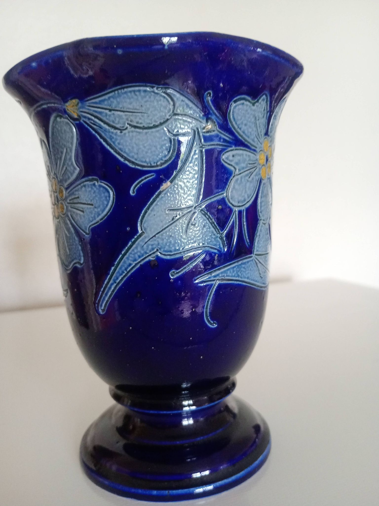 Betschdorf Schmitter grès d'Alsace, cobalt  - Vase corolle aux fleurs