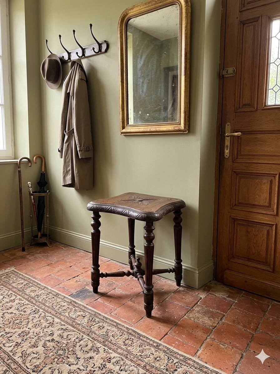 Tabouret ancien en bois sculpté en chêne massif