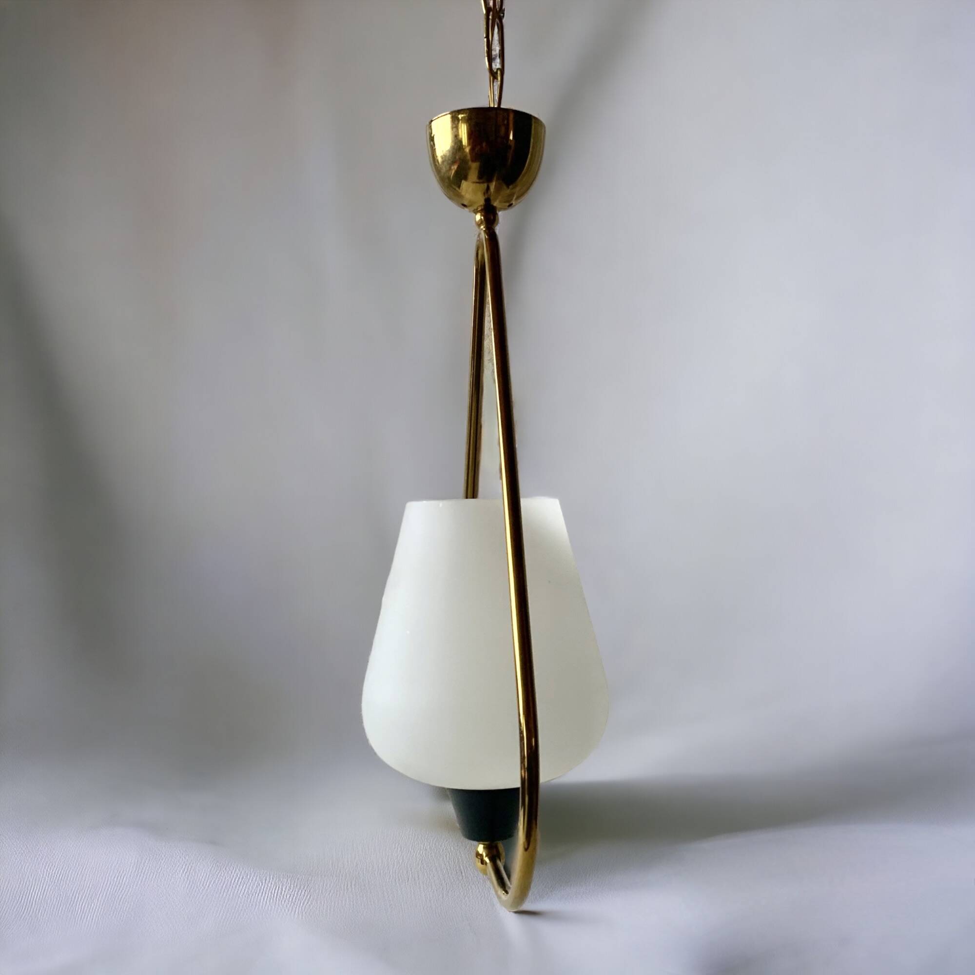 Modernist pendant light in white sandblasted glass and brass