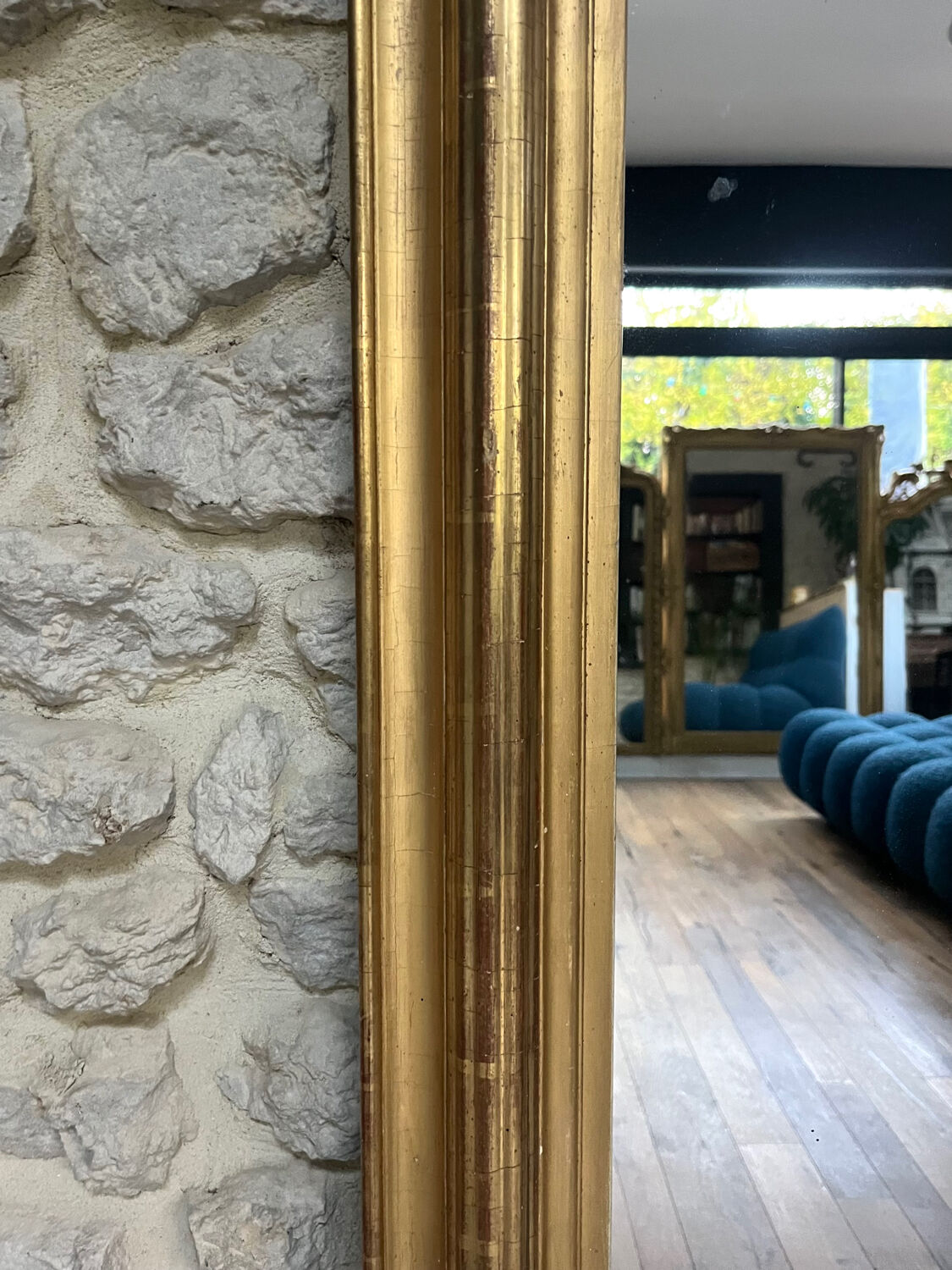 Antique mirror 136.5/98cm Louis-Philippe pearl-gilded with gold leaf.