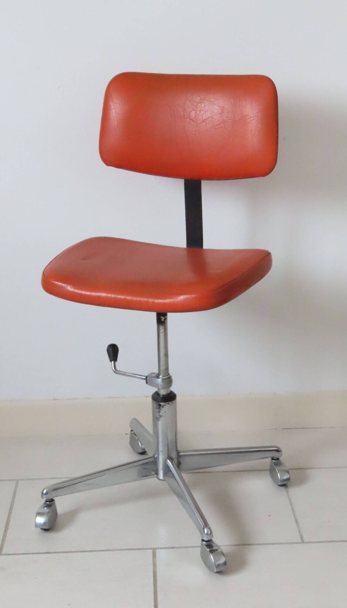 Eurosit vintage industrial workshop chair in chromed metal and orange imitation leather