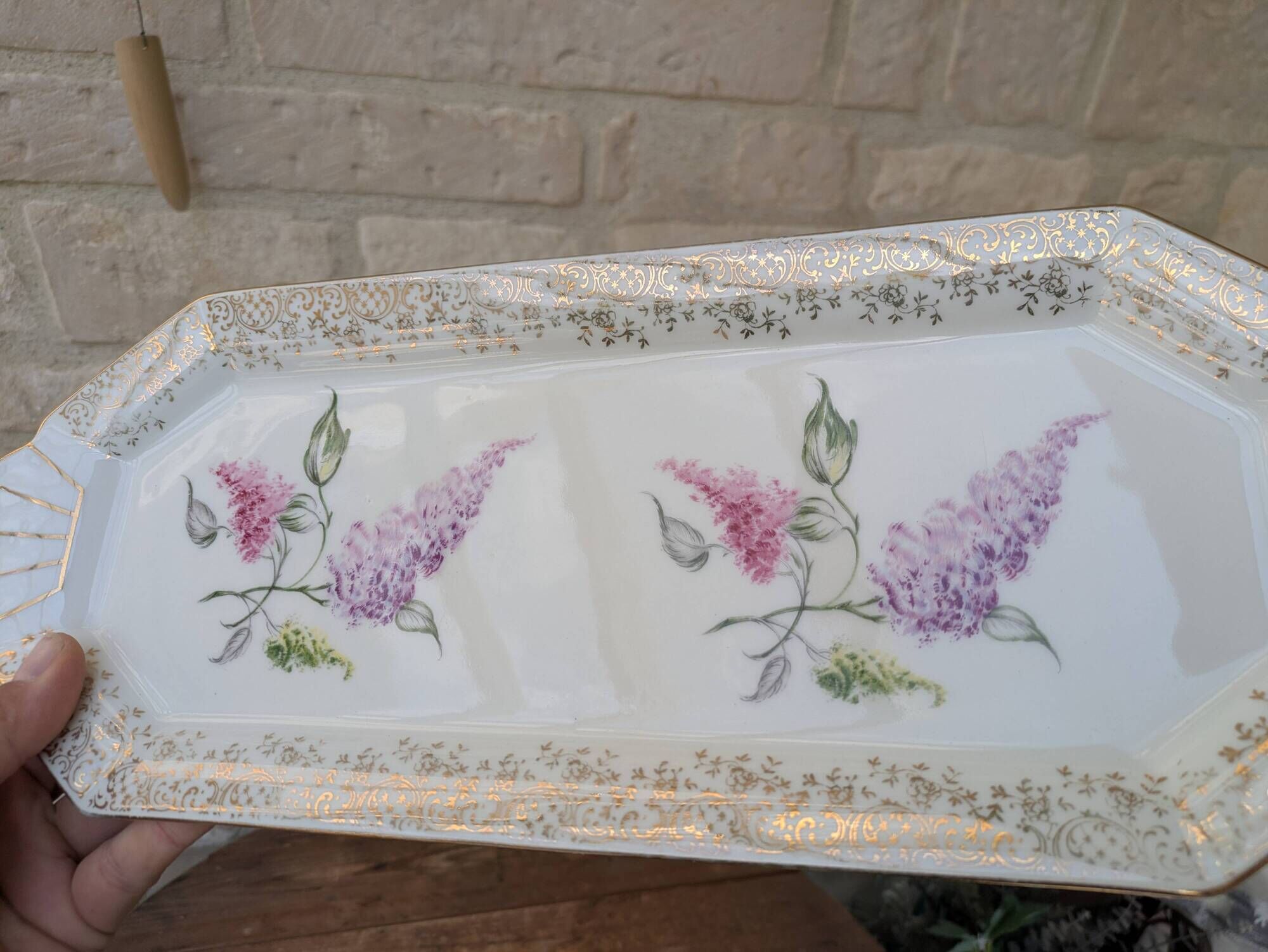 Limoges enamel porcelain cake dish LF with lilac flower decoration.