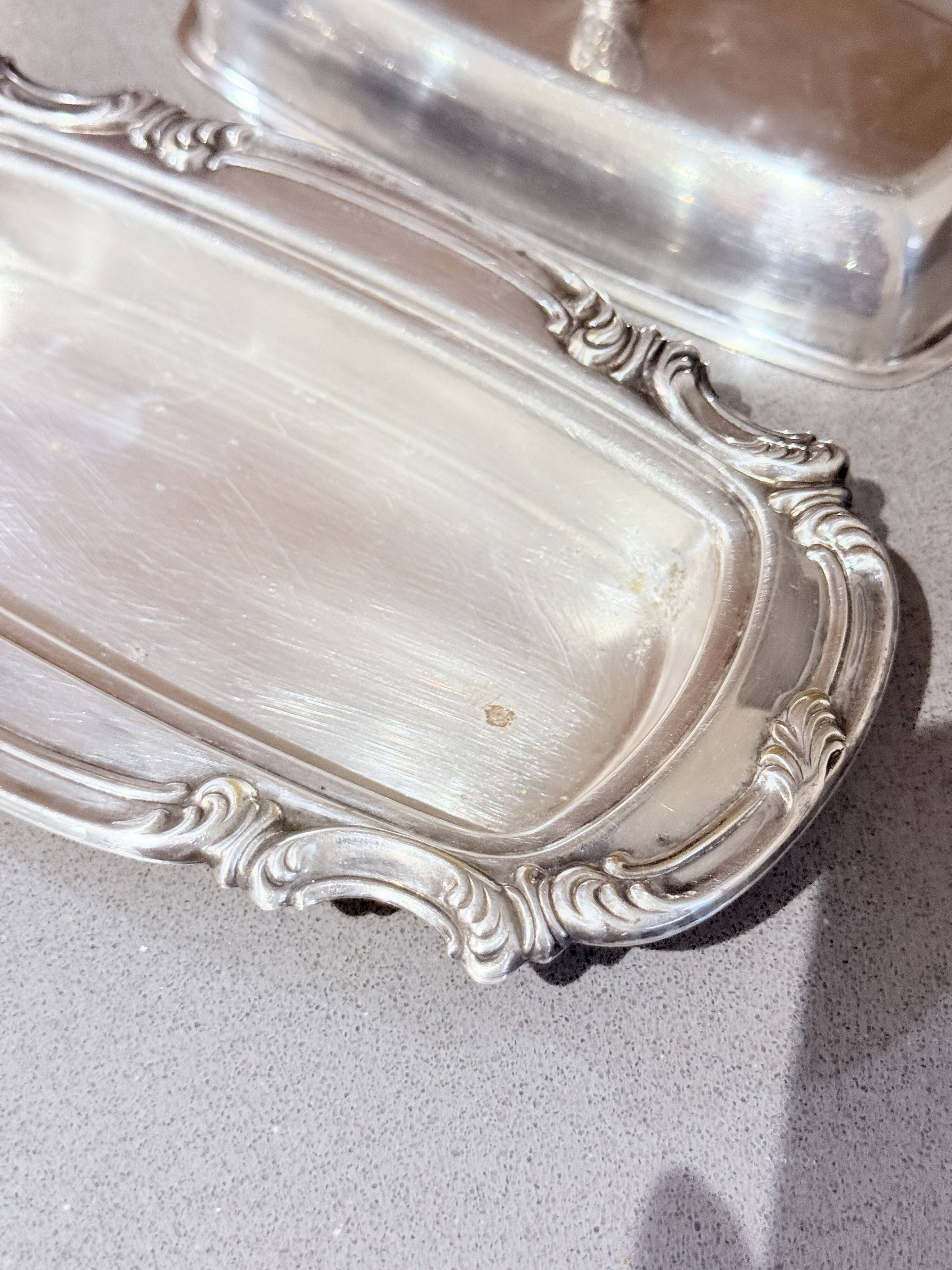 Antique Silver Butter Dish With Crystal Liner & Spoon, Elegant Vintage Tableware
