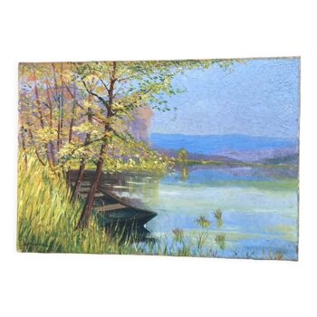 Oil on canvas, boat, lake, post impressionism