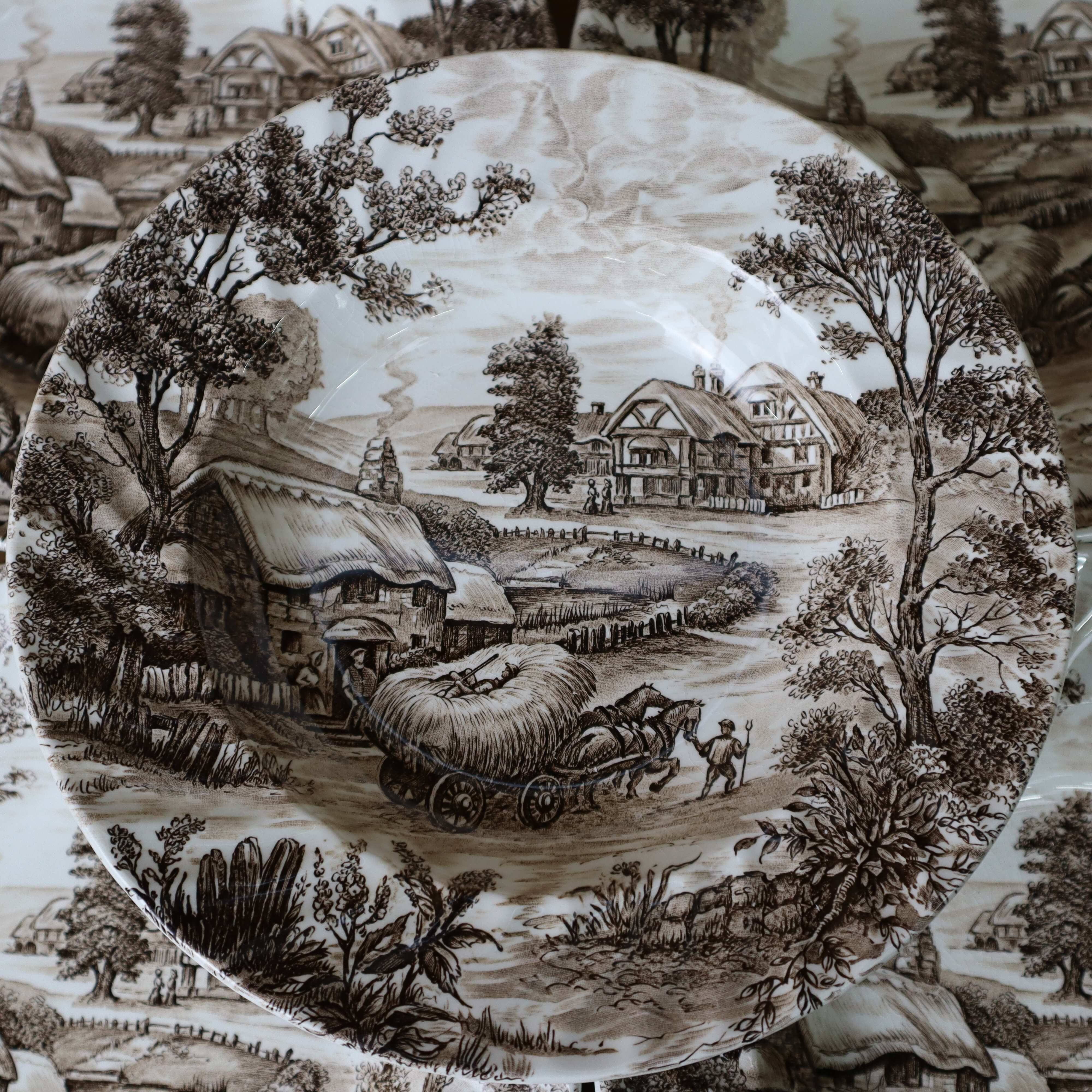 Set of 7 vintage English Staffordshire 'HAYRIDE' soup plates