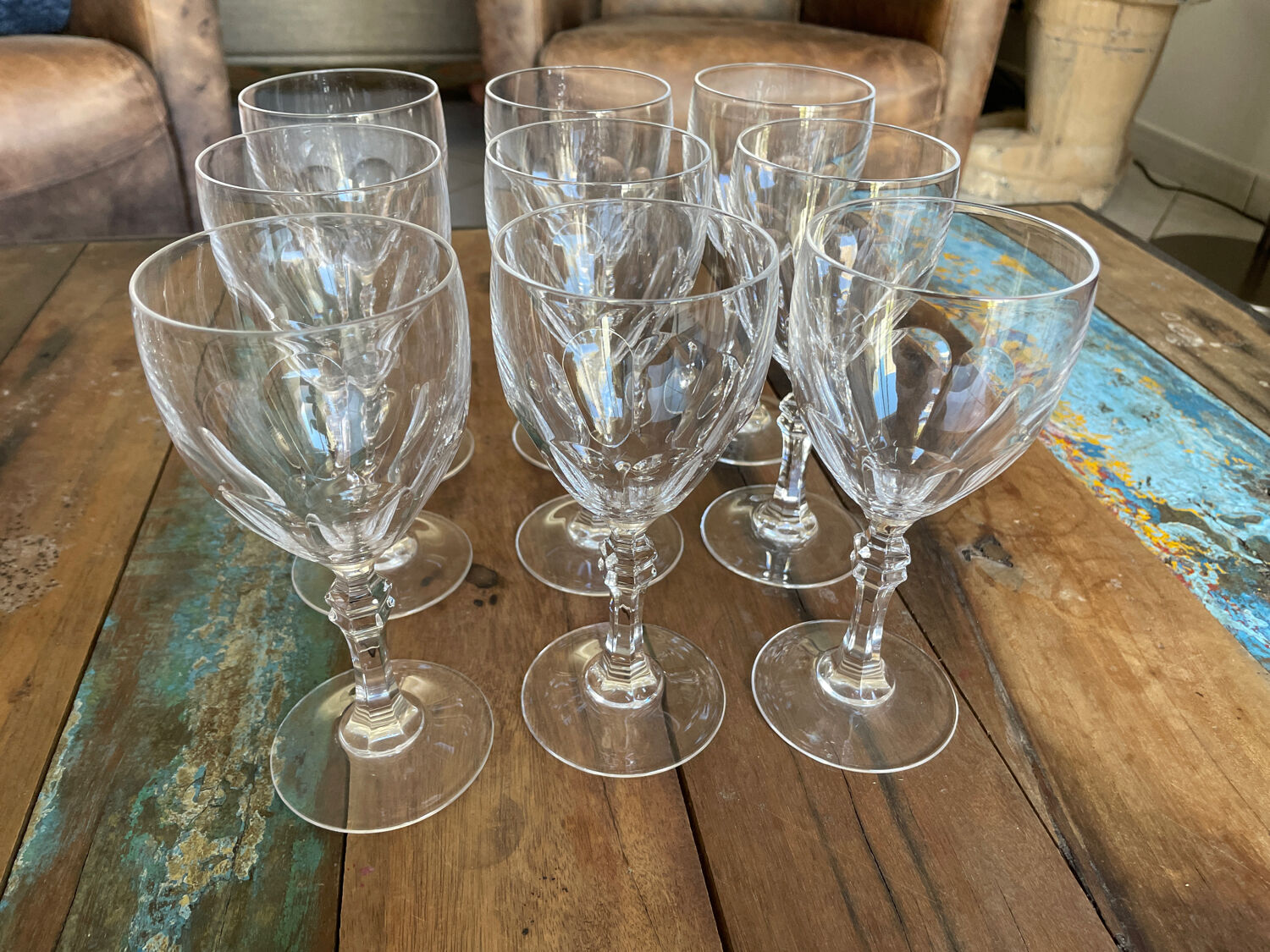 Set of nine cut crystal water glasses