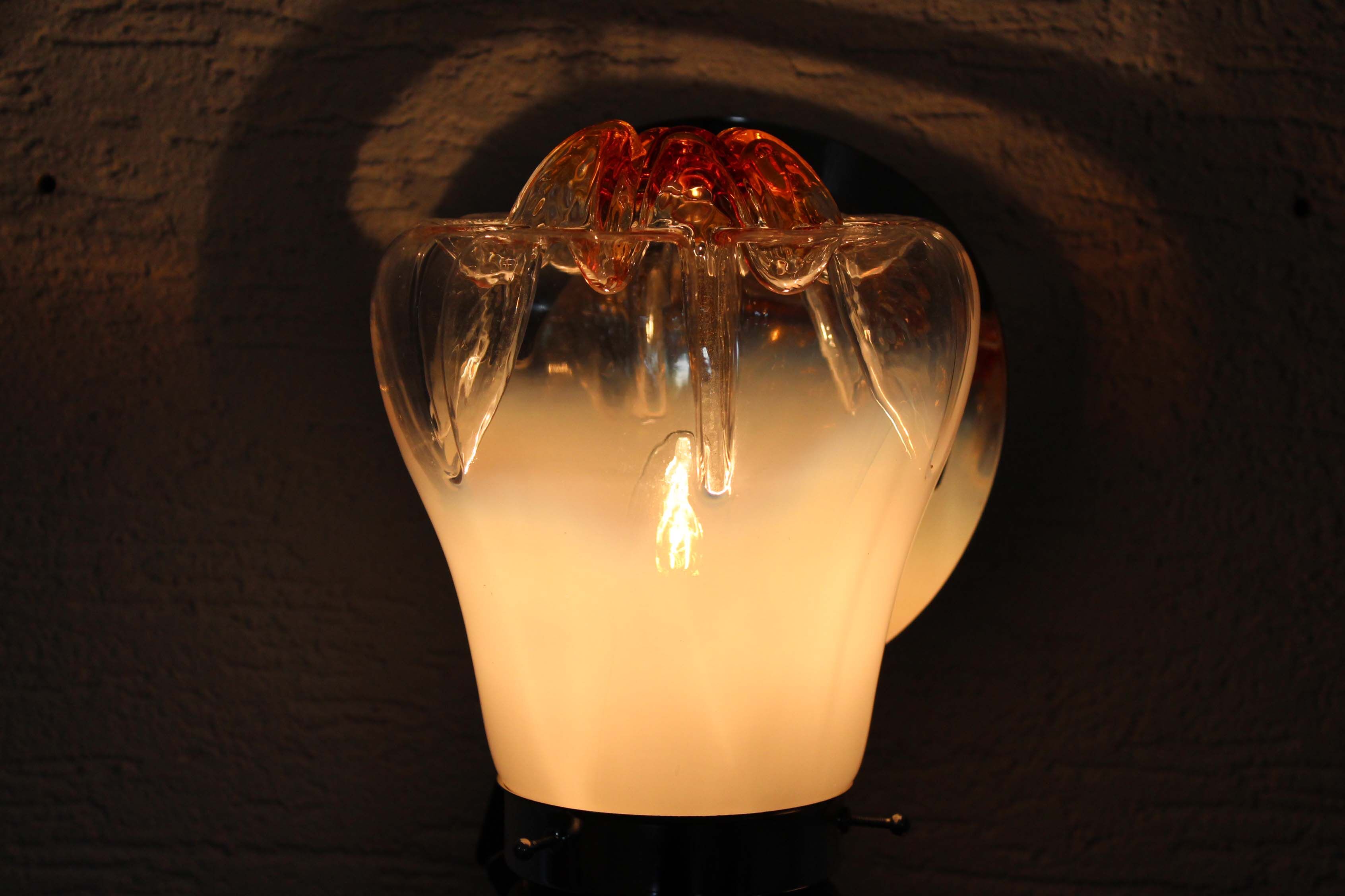 Pair of opal glass and solid wood wall lamps