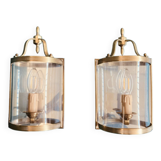 Pair of half lantern wall lights in brass and glass, old vintage light fixture