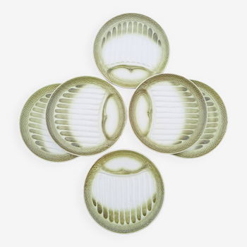 6 green and white slip asparagus plates, Moulin des Loups, 1950