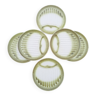 6 green and white slip asparagus plates, Moulin des Loups, 1950