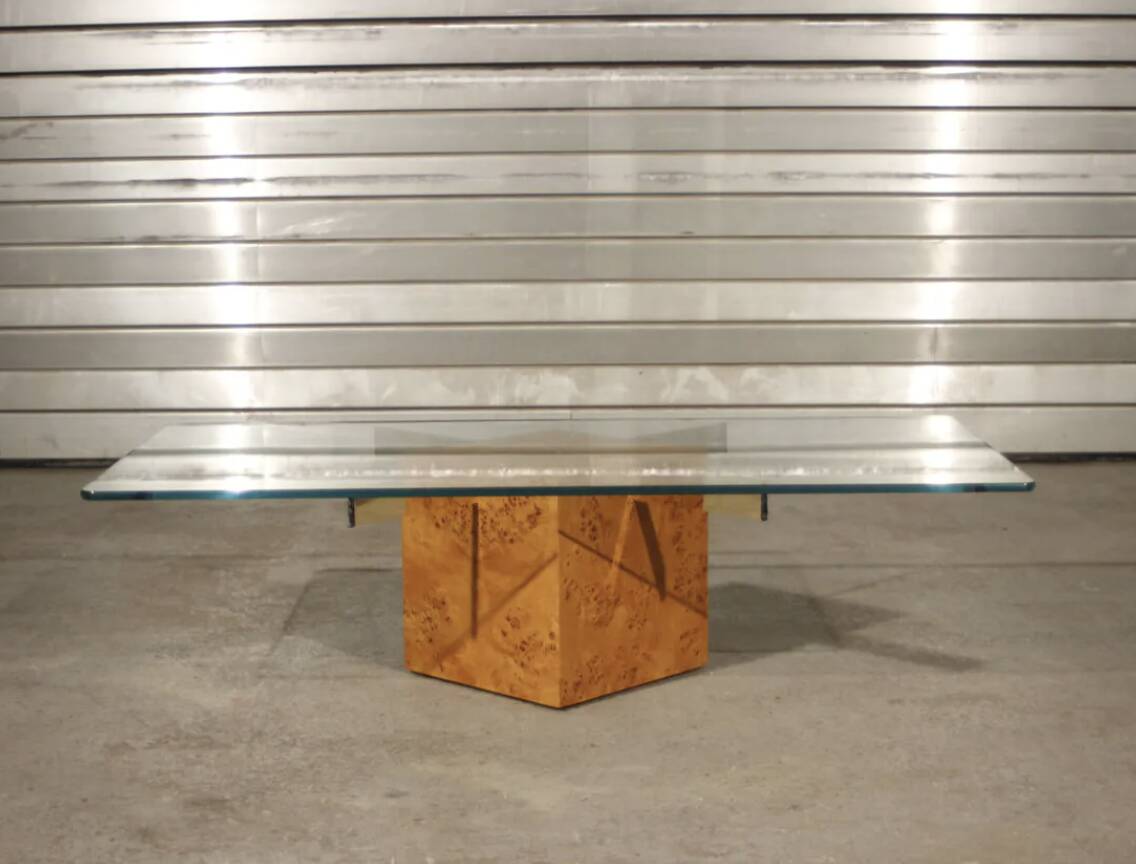 Coffee table in elm burl and tempered glass by Jean-Claude Mahey for Roche Bobois.