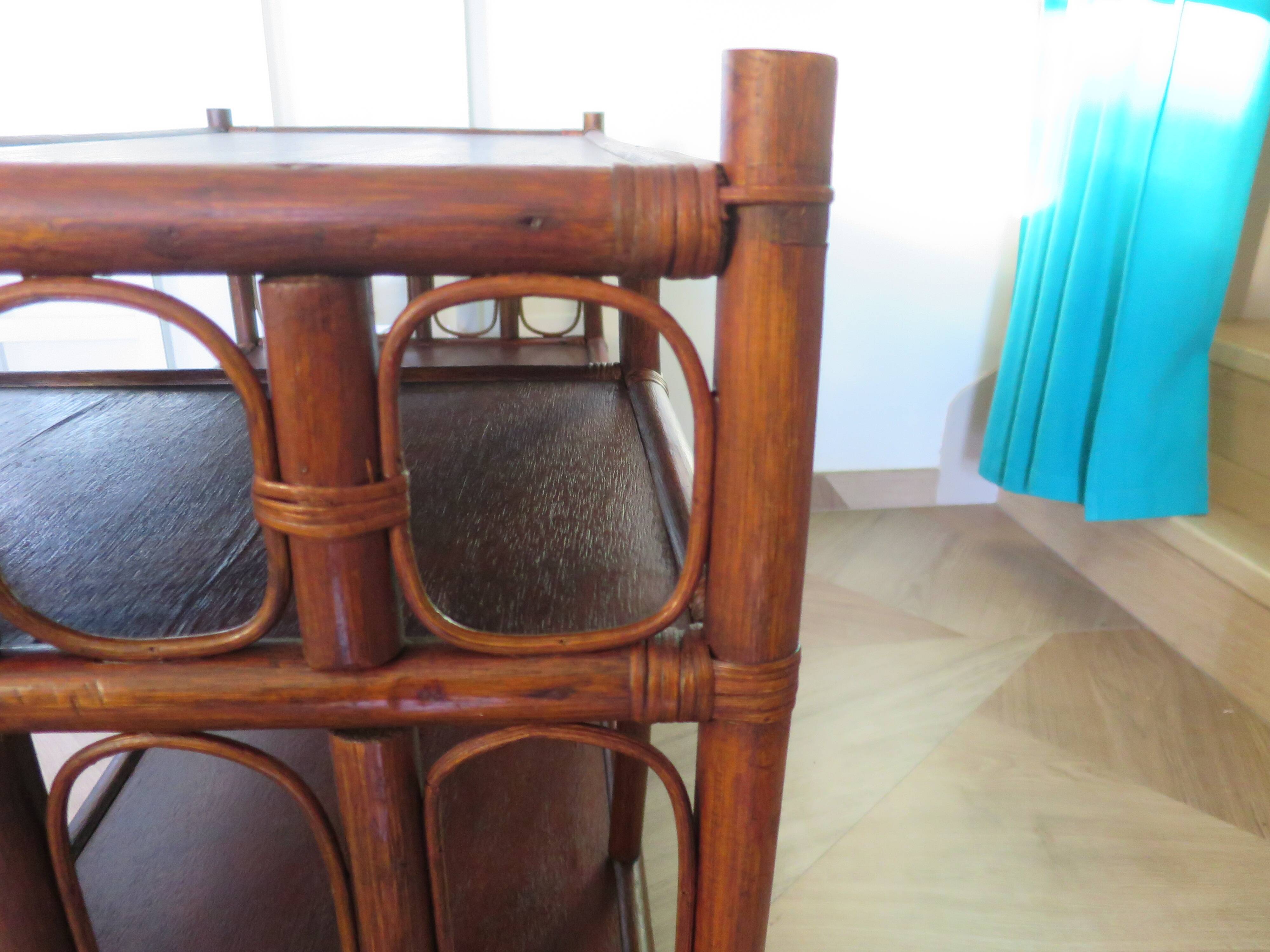 Retro side table - vinyl furniture - rattan and bamboo - 1980s