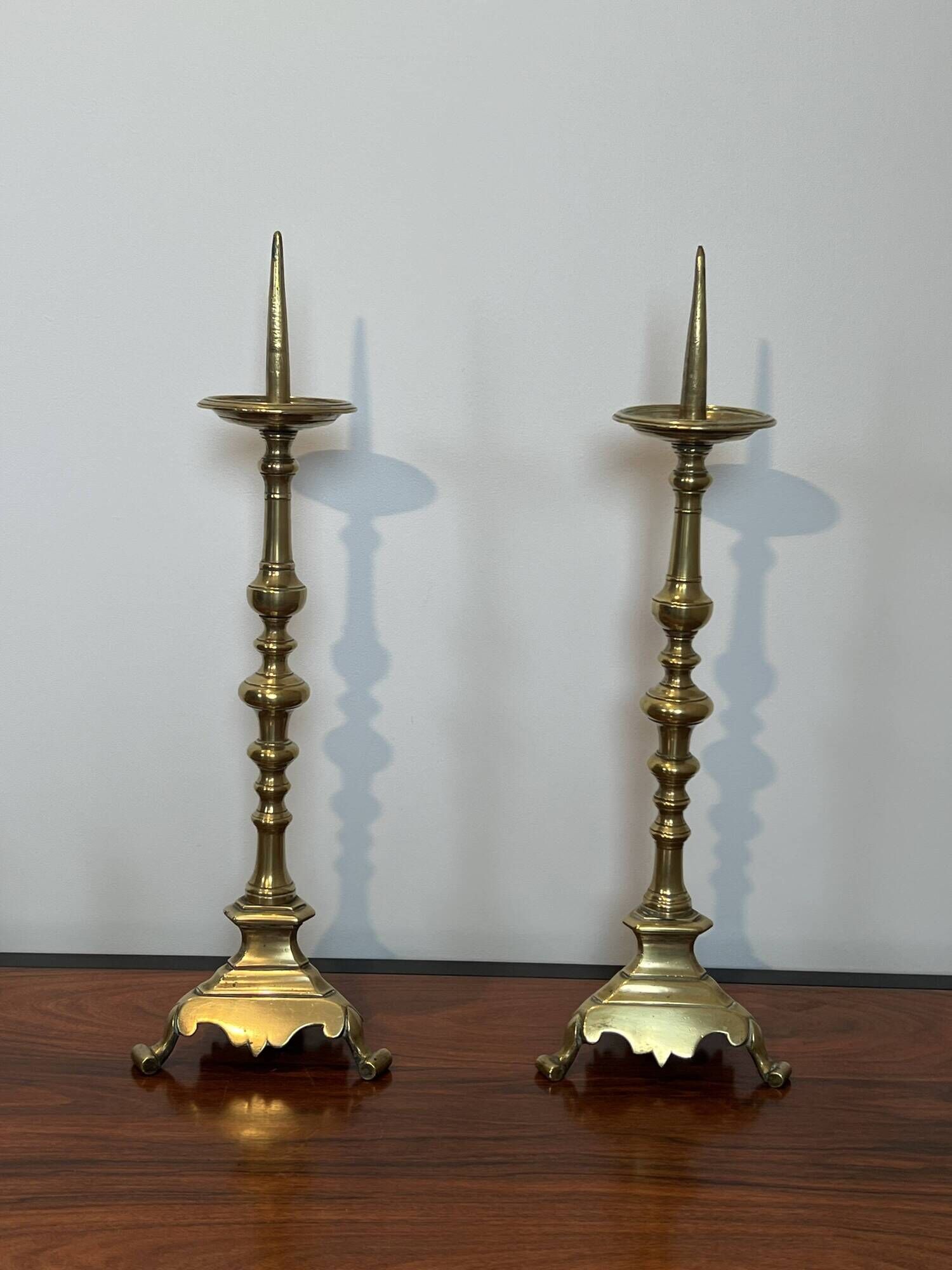 Pair of Large Brass Altar Candlesticks with Baluster Shaft and Tripod Base