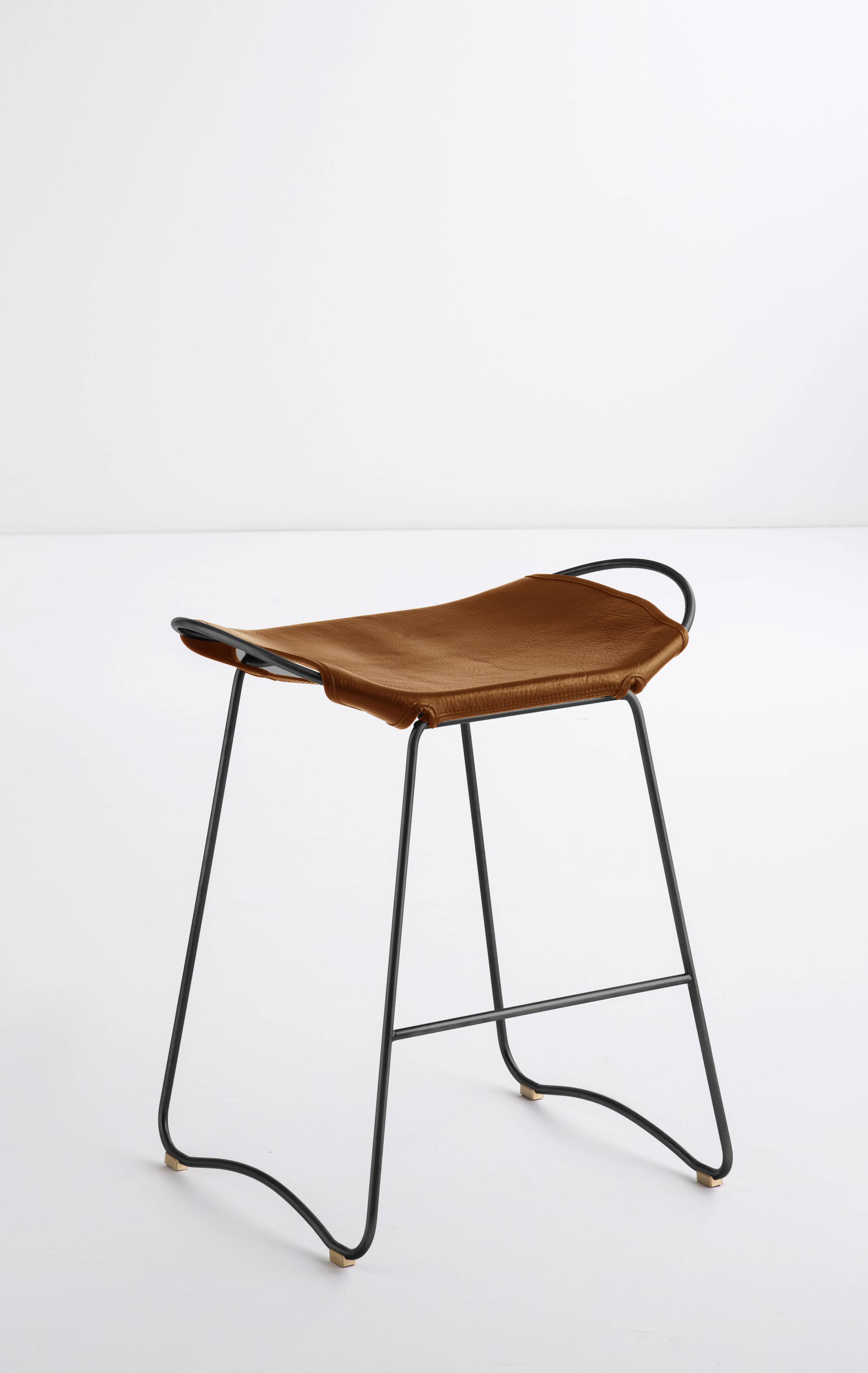 Contemporary Kitchen Counter Stool in Black Steel and Natural Tobacco Leather
