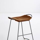 Contemporary Kitchen Counter Stool in Black Steel and Natural Tobacco Leather