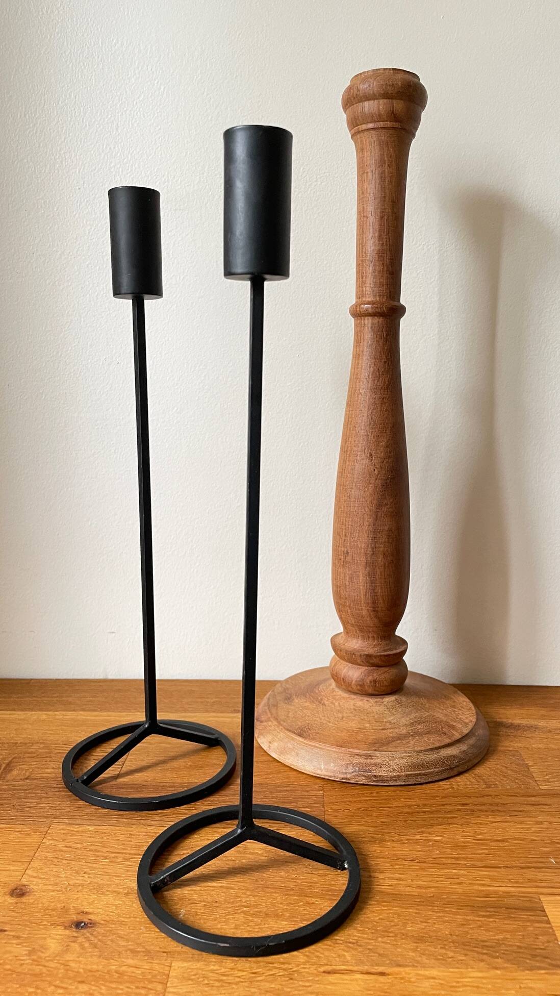 Trio of Vintage Teak and Steel Candlesticks