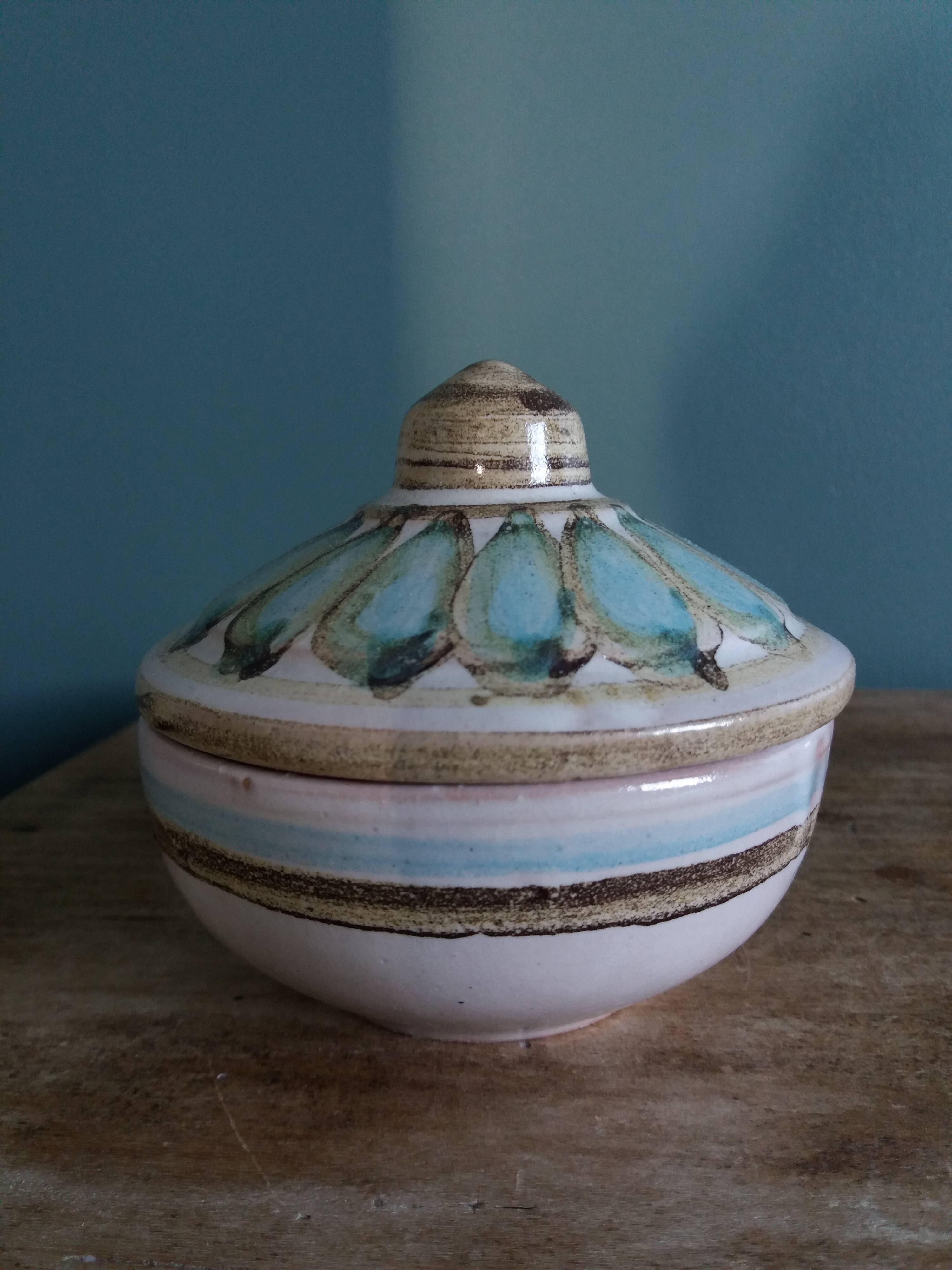 Covered pot, ceramic sugar bowl, signed