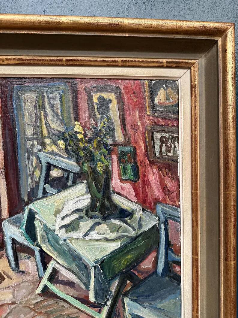 Oil on panel by Swedish artist – "Interior with figure" by Olle Nordberg (1905–1986) – 1944 – vintage and framed – 40×46 cm (15.7"×18.1")