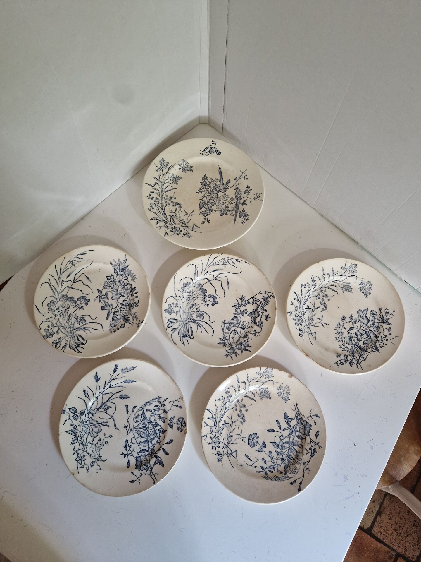 Set of 6 flat plates plus one earthenware dish.