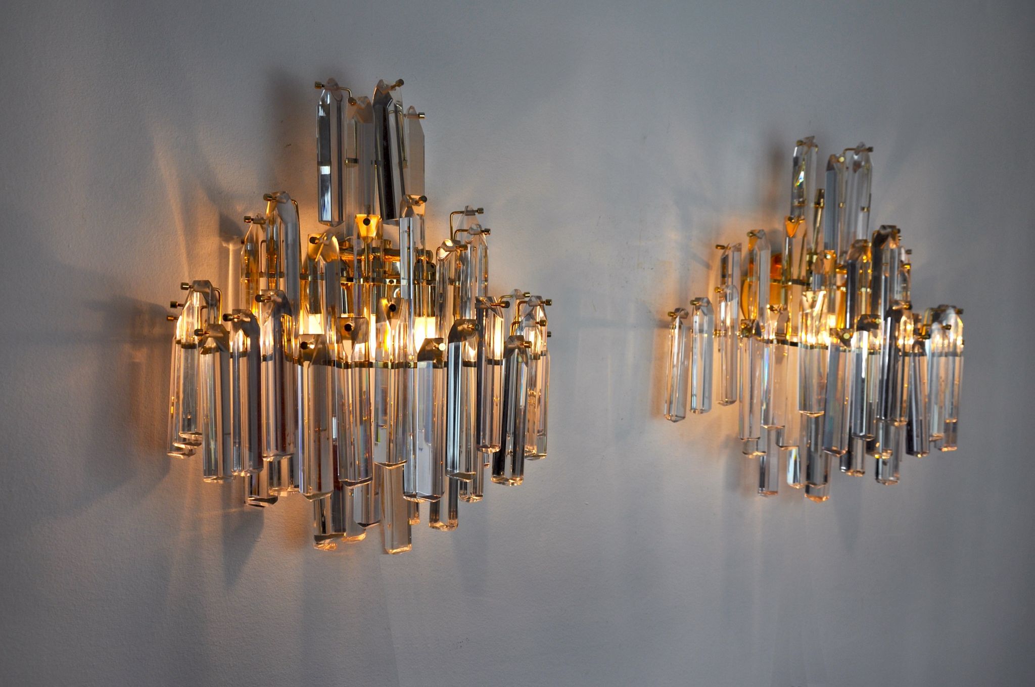 Pair of venini wall lamps, 3 levels, murano glass, italy, 1970