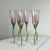 Set of 6 blown glass champagne glasses, green twisted feet